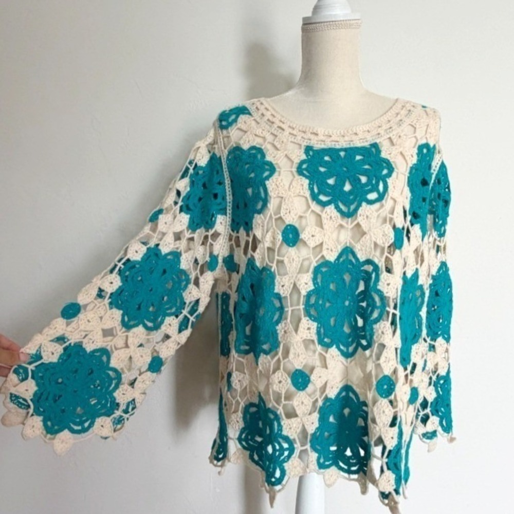 Cato Womens Blue Cream Crochet Top Blouse Size 18/20 Boho Summer Resort Layering